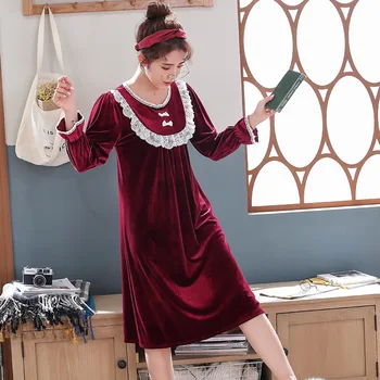 

Cute Women Bow Lace Winter Sleepwear Nightgown Velvet Keep Warm Nightwear Nightdress Comfortable Casual Soft Homewear