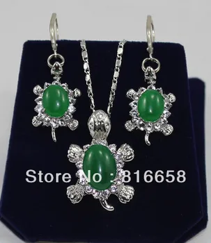 

Beautiful green jade silver tortoise pendant earring Jewellery set