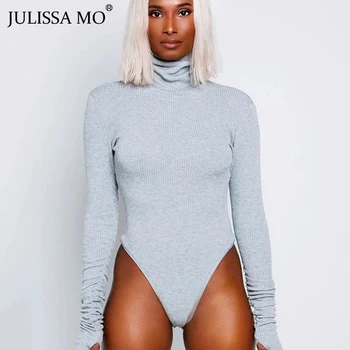 

JULISSA MO Cotton Knitted Sexy Bodycon Bodysuit Women Black Long Sleeve Turtleneck Rompers Jumpsuit Basic Casual Femme Body Tops