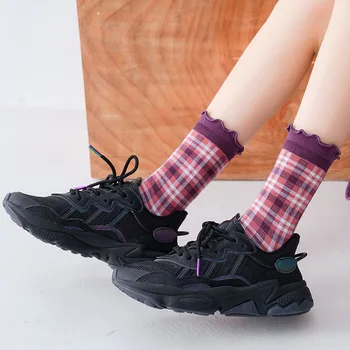

Winter Short Socks Women Autumn stringy selvedge Girls Student College Style Retro Ladylike Style Cotton Young lady plaid Ruffle