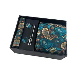 Paisley Men's Tie Pocket Square Plaid Cufflink Necktie Clip Wedding Gift Box Set Formal Sleeve Button Neckwear Handkerchief