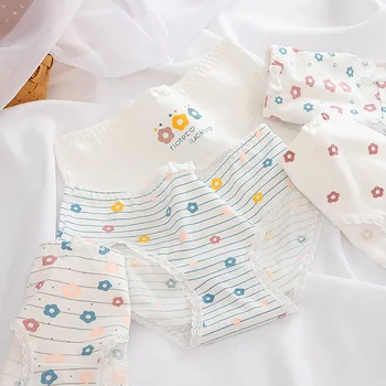 

Sexy fresh flower striped Panties Cotton high quality Women white Knickers Fashion lady plant Briefs Underwear Female Lingeries