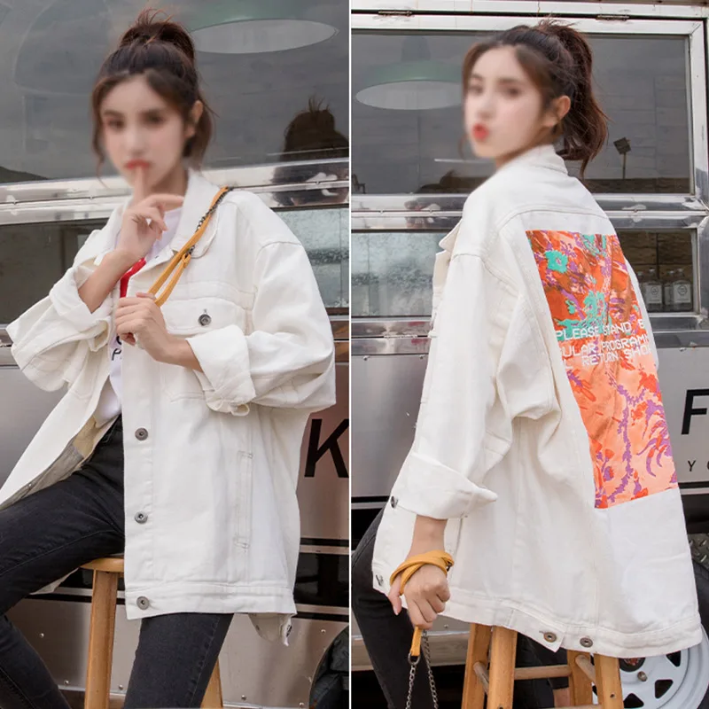 

Abstract Printed Oversize Denim Female Jacket Autumn 2019 Streetwear Loose Jackets For Women Korean Jeans Women's Coat