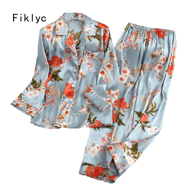 

Fiklyc underwear autumn women's thin style long pants sleeve pajamas sets fashion female satin floral print pijamas pyjamas set