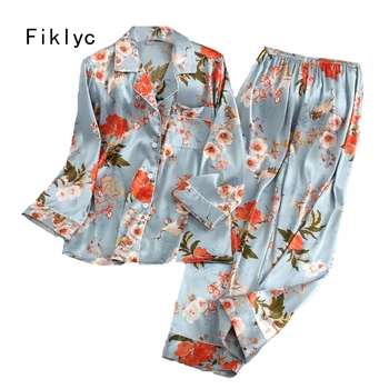 

Fiklyc underwear autumn women's thin style long pants sleeve pajamas sets fashion female satin floral print pijamas pyjamas set