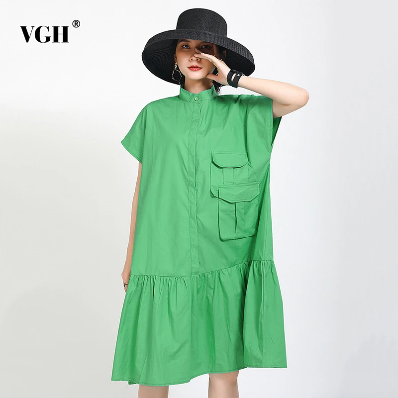 VGH Lace Up Dress For Women O Neck Short Sleeve High Waist Ruched Patchwork Pocket Loose Dresses Female 2020 Summer New Clothes | Женская