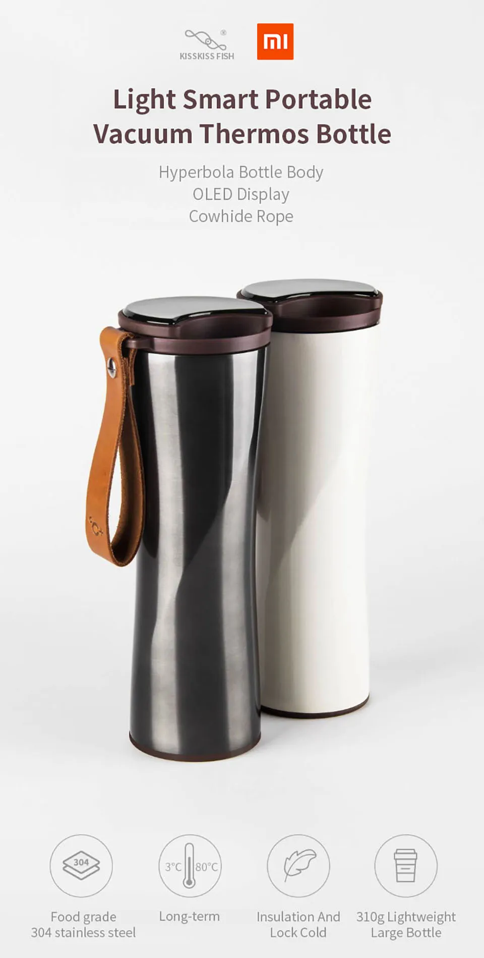 Original Xiaomi Mijia Kiss Kiss Fish Stainless Steel Thermal Vacuum Water Bottle Sensitive Temperature Sensor with Coffee Brewer (1)