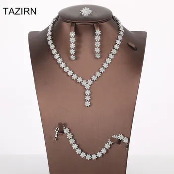 

Romantic Crystal Flowers Design Dubai Bridal Jewelry Sets Cubic Zirconia Party Quinceanera Necklace Bracelet Earrings Rings Sets