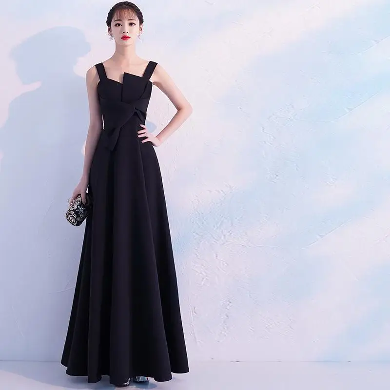 Spaghetti Strap Party Dress Women Bride Cheongsam Floor-Length Wedding Qipao Elegant Long Dresses Luxury Gown Vestido XS-XXXL - Color: Black