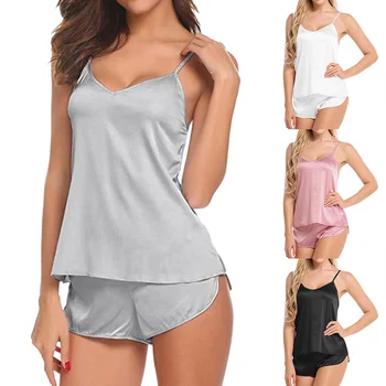 

Women Sexy Pajamas Set Soild Simulation Silk Thin Pajamas Set V-neck Camisole Sleeveless Top and Shorts Female Pajamas Plus Size
