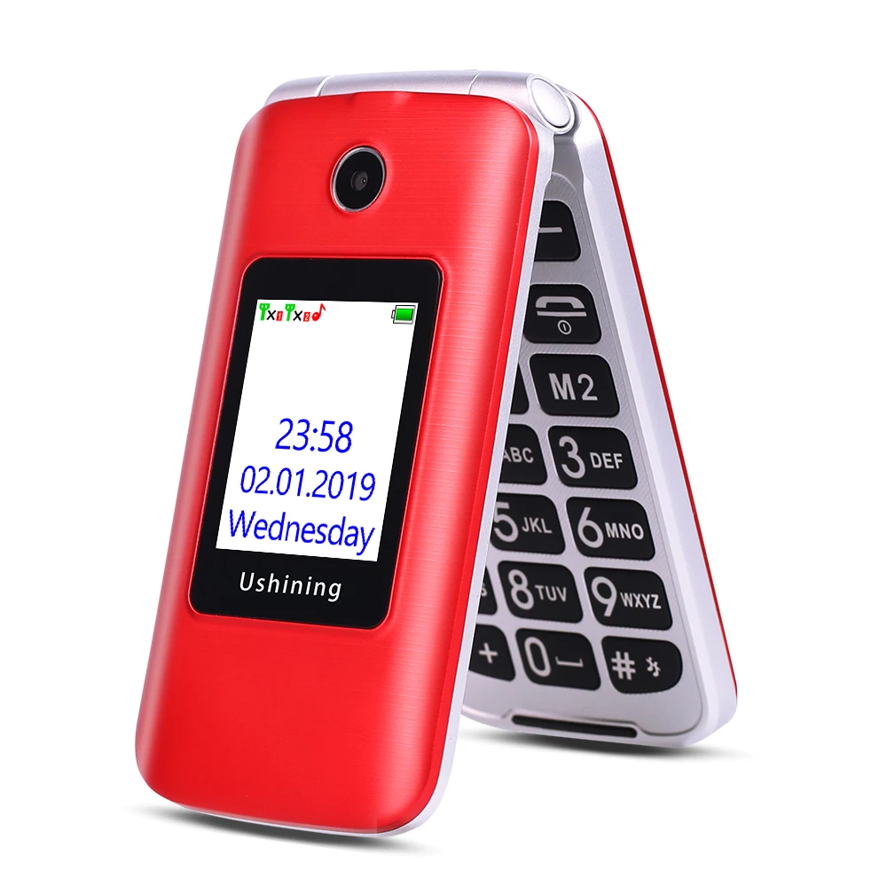 Ushining 3G Mobile Flip Phone Feature Phone Dual Screen Dual SIM Red 3G Unlocked Senior Phones, Big Button Easy-to-Use Phone