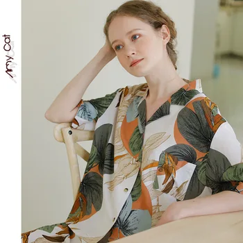 

Pajamas Women's Short-sleeved Trousers Pajamas Set with Leaves Printing Lapel Loose Style Casual Large Size Home Clothes
