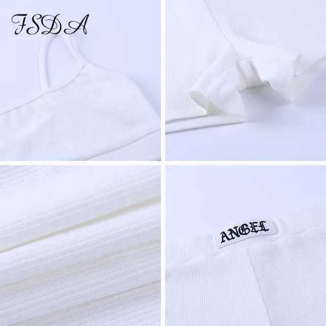 FSDA Summer Ribber Women Set White Spaghetti Strap Crop Top And Mini Biker Shorts Embroidery Two Piece Sets Sexy Outfit Party 6