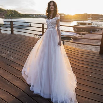 

Charming Long Sleeve A-line Bridal Dresses 2020 Sweetheart Applique Beading Sweep Train Wedding Gowns Custom Made