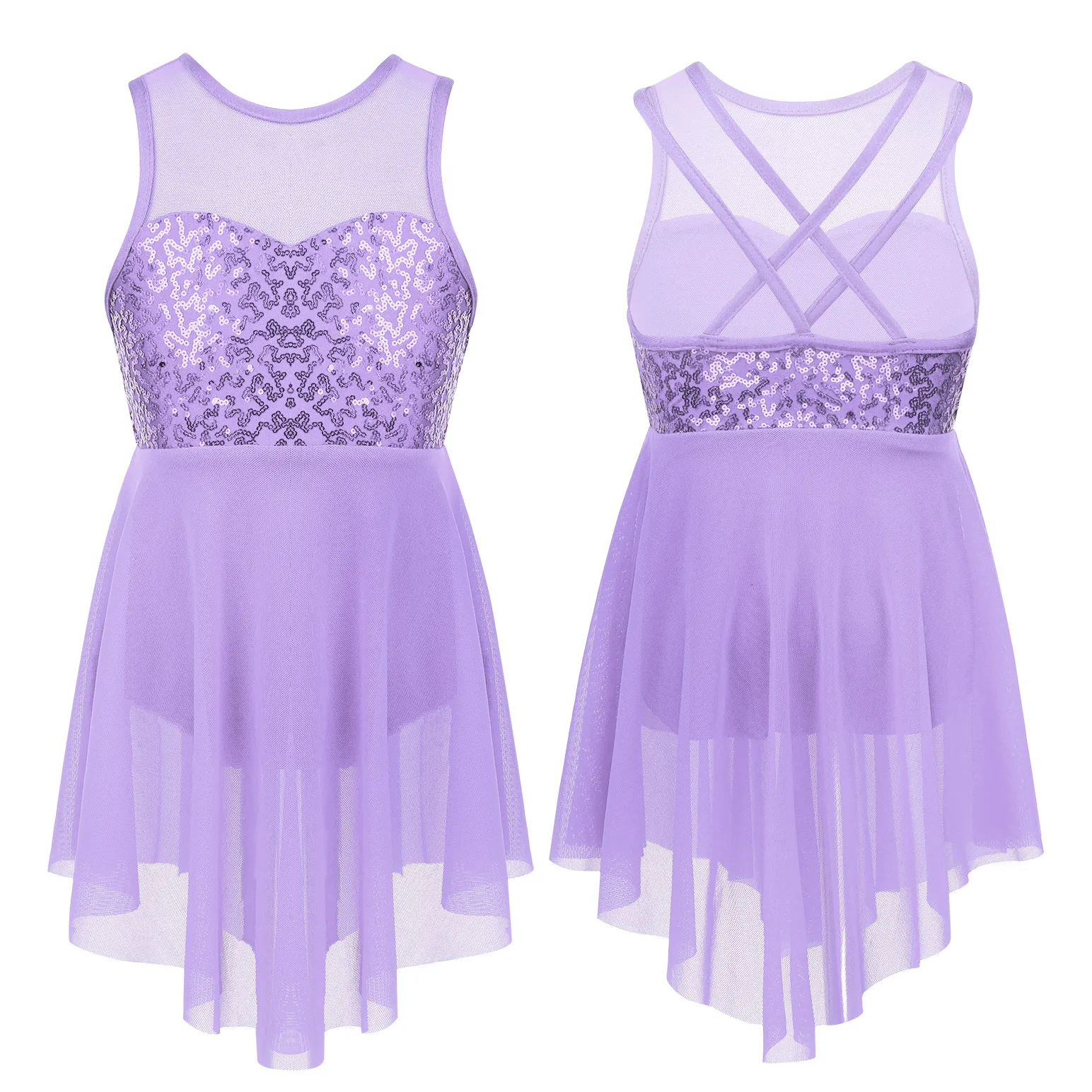 thumbnail image 1 of Vestido de competición de baile de ballet y patinaje artístico para niñas pequeñas, sin mangas, con lentejuelas brillantes y dobladillo irregular, con espalda hueca, 1 of 5