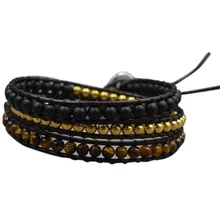 Fashion Bohemian National Style 3 Strands Handmade Leather Black Stone Tiger Stone Beads Lady Wrap Bracelet Handmade Gifts