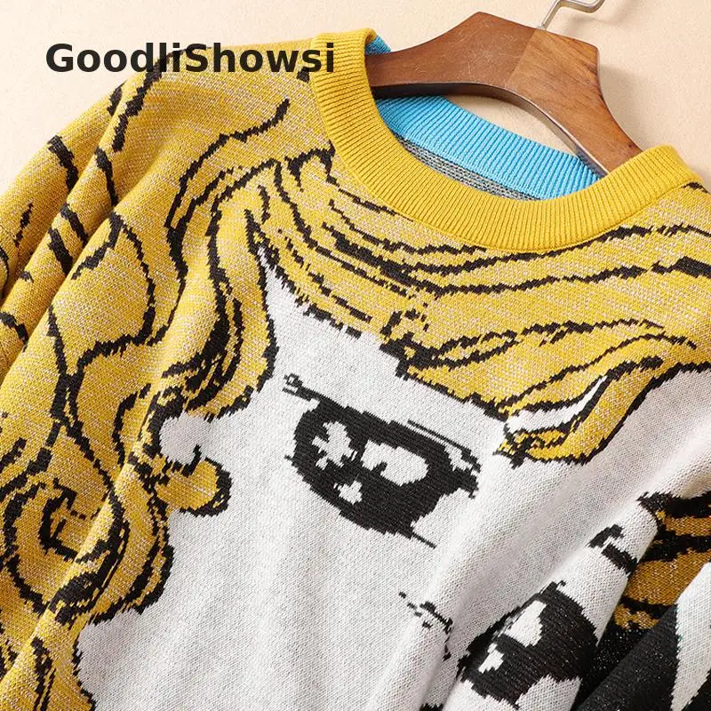 GoodliShowsi, Зимняя мода, Женский вязаный Топ, принт с героями мультфильмов, контрастный цвет, круглый вырез, повседневный Свободный пуловер, модный джемпер