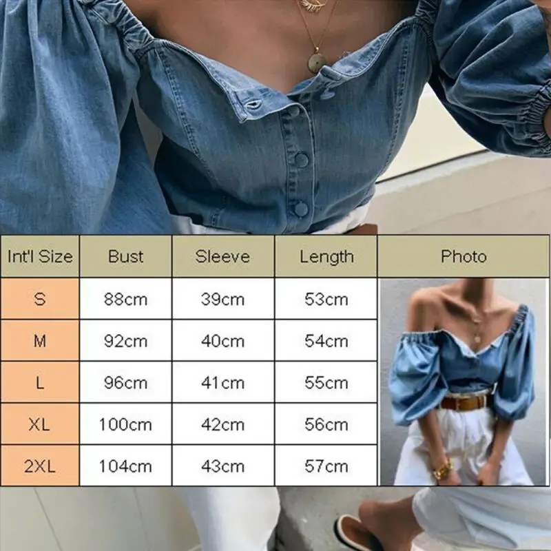 Autumn Sexy buttons denim blouse women Vintage square collar jeans blouses tops Chic elastic puff sleeve autumn female shirts