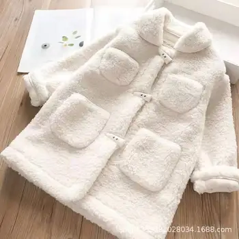 

New Autumn Winter Children Girls Warm Thick Long Coat Kids Girl Solid Wool Jackets Horn buckle Girls Faux Lambswool Outwear