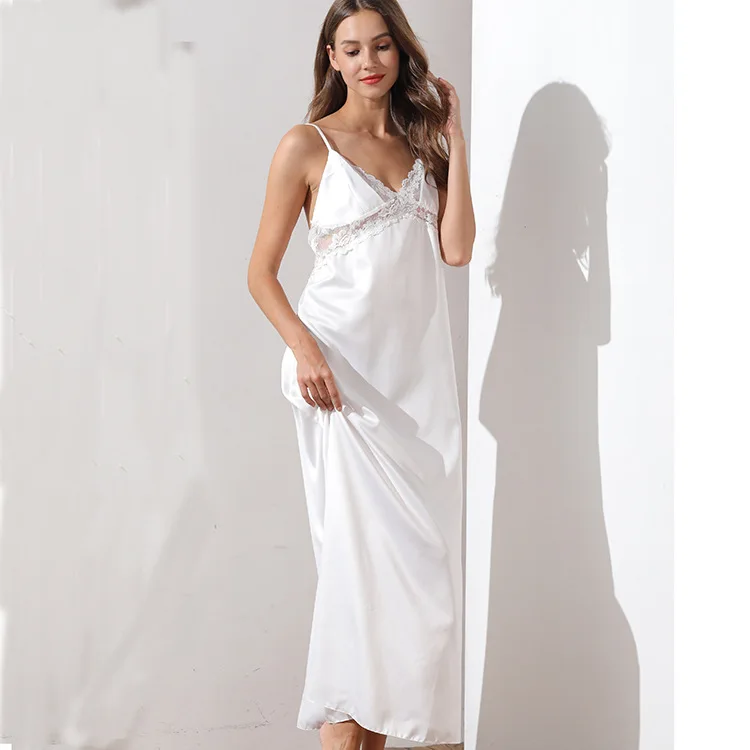 

Pajamas Female Summer Imitated Silk Fabric Sexy Lace Edge Long Slip Nightdress Household Solid Color Home Wear