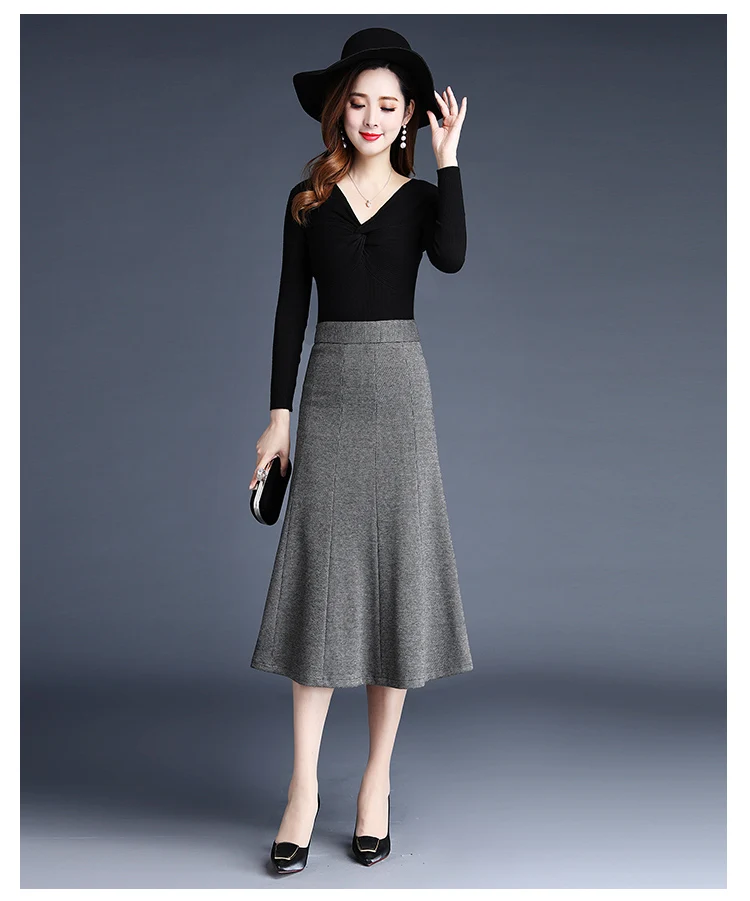 Модная винтажная юбка на молнии с высокой талией в стиле ретро; элегантная Шерстяная Юбка До Колена; облегающая удобная юбка