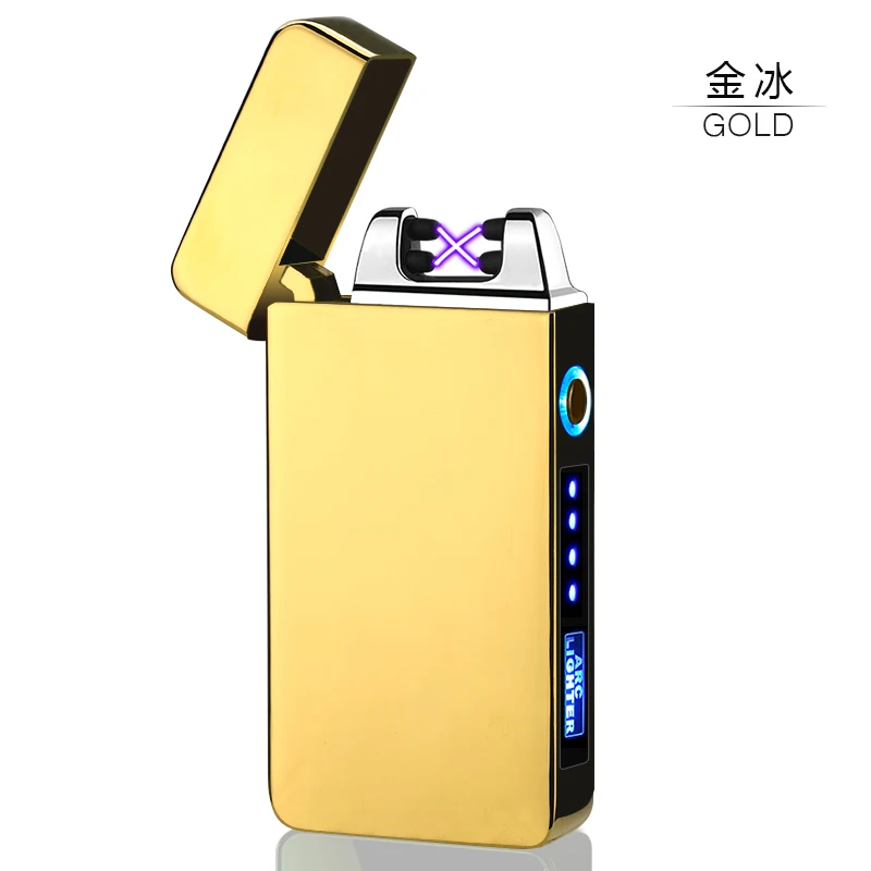 USB зажигалки ветрозащитная электронная сигарета зажигалка двойная дуга сигара плазменная зажигалка светодиодный дисплей питания зарядка импульсные зажигалки - Цвет: Золотой