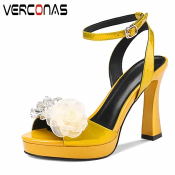 

VERCONAS 2020 Fashion Woman Sandals Woman Pumps High Quality Summer Flower Decoration Pointed Toe Thin High Heeled Shoes Woman