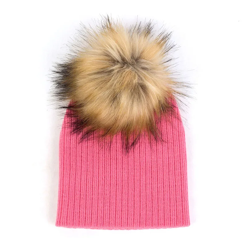 Модные мягкие ребристые хлопковые шапки-бини, шапки с помпон с искуственным мехом для новорожденных девочек и мальчиков, осенне-зимние детские шапки - Цвет: Dark Pink16