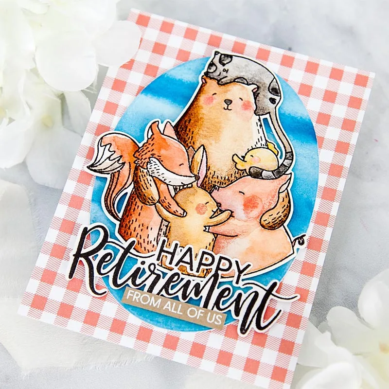 Вырубка с надписью "Happy Retirement"+ прозрачные штампы с надписью "Happy Retirement", металлические вырубки с надписью "Happy Retirement"+ прозрачный штамп для изготовления открыток, новинка