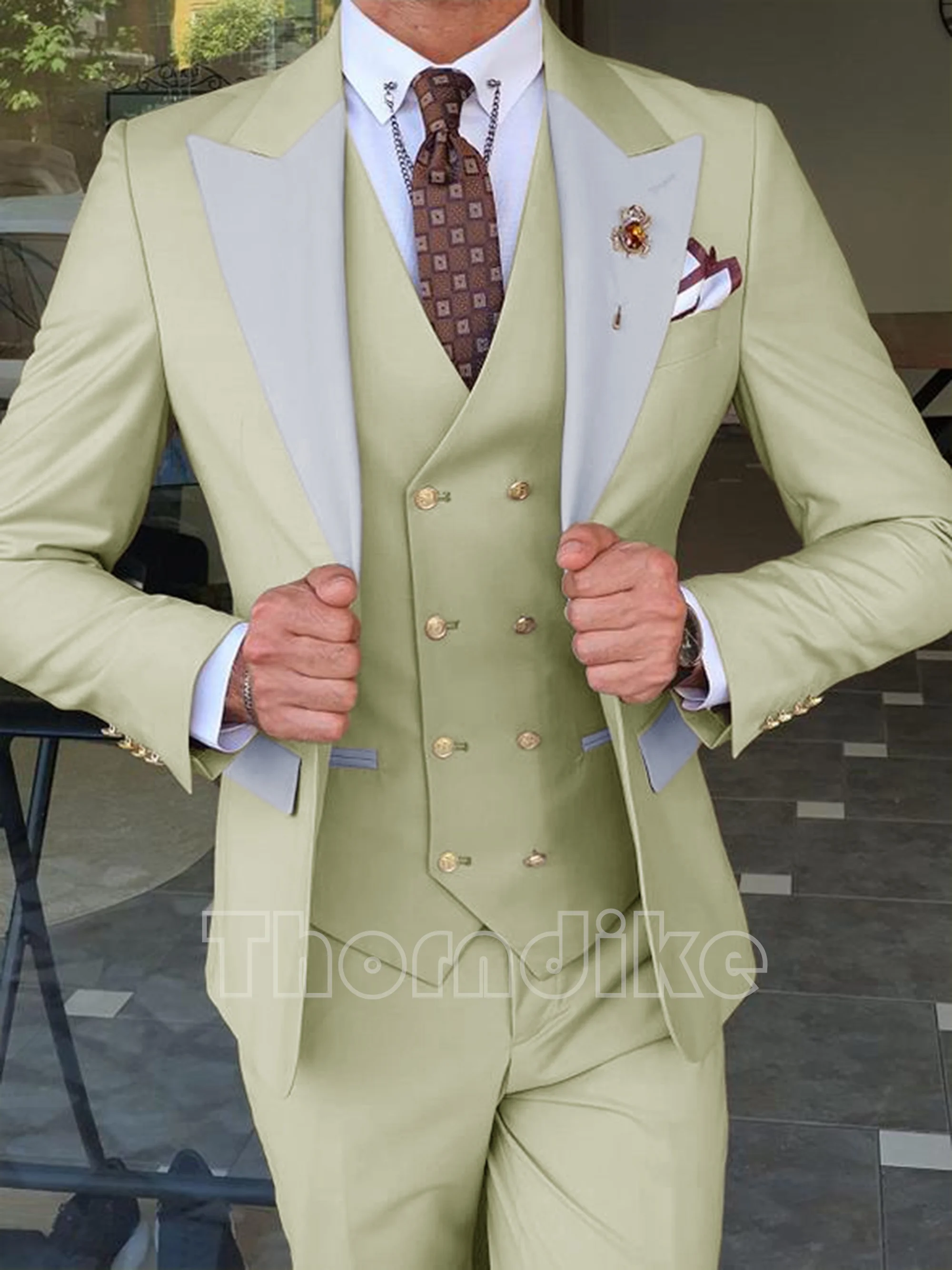 Thorndike Latest Design Silver Peak Lapel Men Suit Pink Custome Homme Fashion Blazer Slim Fit 3 Pieces (Jacket+Vest+Pants)