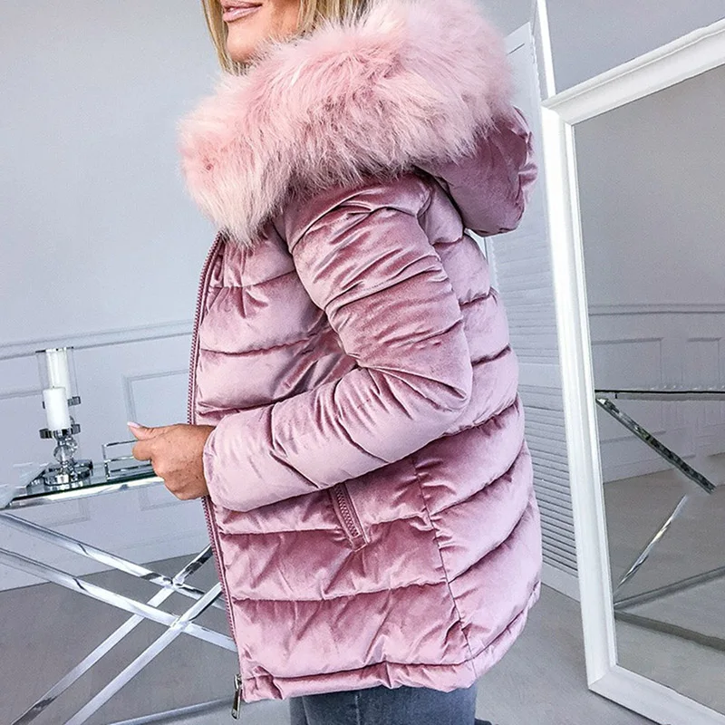 Зимняя бархатная куртка женская теплая куртка с хлопковой подкладкой серая розовая с меховым капюшоном-воротником модная базовая верхняя одежда женское пальто размера плюс 4XL