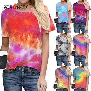 

SEBOWEL Lady Fashion Tie-Dye Print O-neck Short Sleeve T-shirts Summer Woman Casual Loose Style Colorful Top Tee Plus Size S-5XL