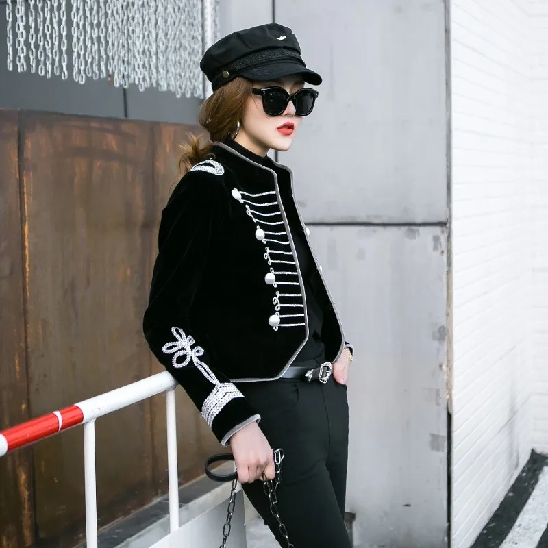 

England Style Women Short Boyfriend Spring Autumn Runway Embroidery Vintage Outwear Coat Stand Collar Button Court Jacket