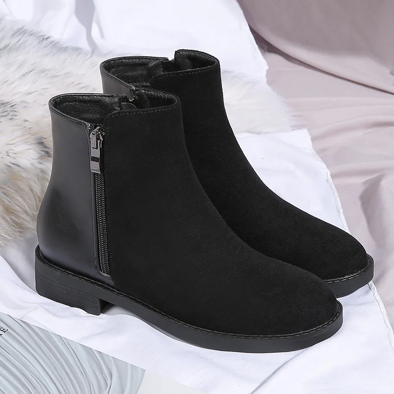 40-43 Plus Size patchwork riding boots women winter shoes warm plush ankle botas zipper flock& pu leather chelsea botines 2021 