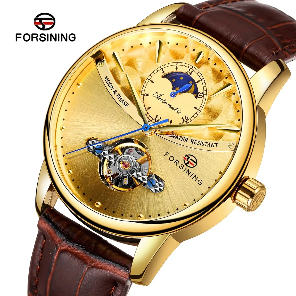 Forsining классические синие Moon Phase механические часы черный ремень из натуральной кожи мужские наручные часы мужские Reloj Hombre