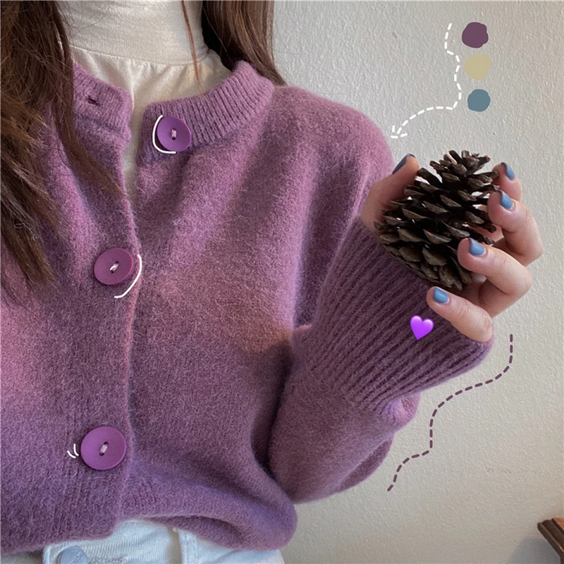 2020 New Knit Sweater Cardigans Purple Korean Style Women Autumn Outwear Causal Fashion Blue Jackets O-neck Soft |