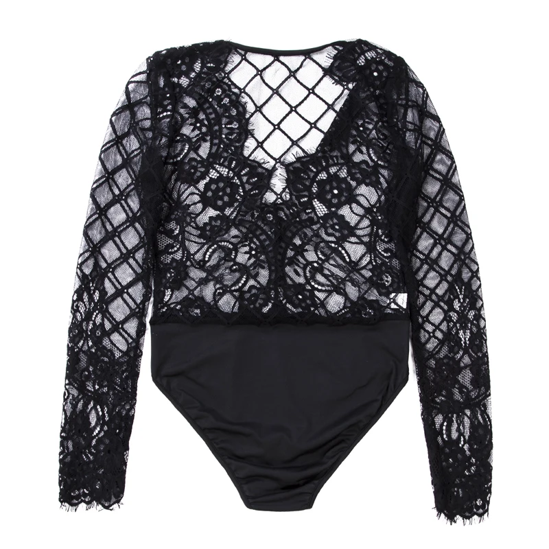 Women Elegant Fashion Bodysuits Polyester and Lace Floral Printed Full Length Regular Sleeve Big Open V-neck Skinny Bodysuits