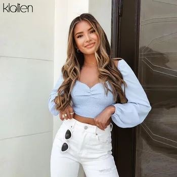 

KLALIEN autumn Romantic elegance top shirt women off shoulder office ladies High street Beach leisure vacation tees summer mujer