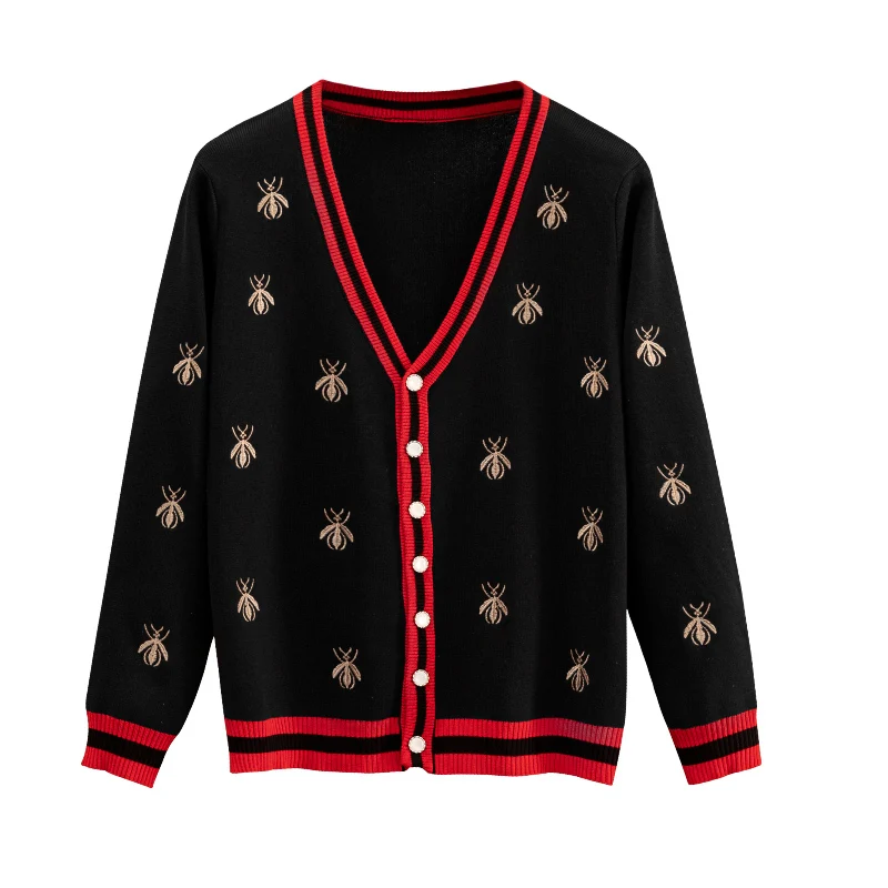 Модный дизайнерский кардиган с вышивкой пчелы осенний Женский вязаный свитер пальто с v-образным вырезом однобортная верхняя одежда женские кардиганы
