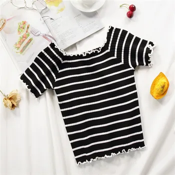 

HELIAR Crop Tees Women Stripes Knitted T-Shirts 2020 Summer Flounce Hem Tees Off shoulder T-Shirts Women