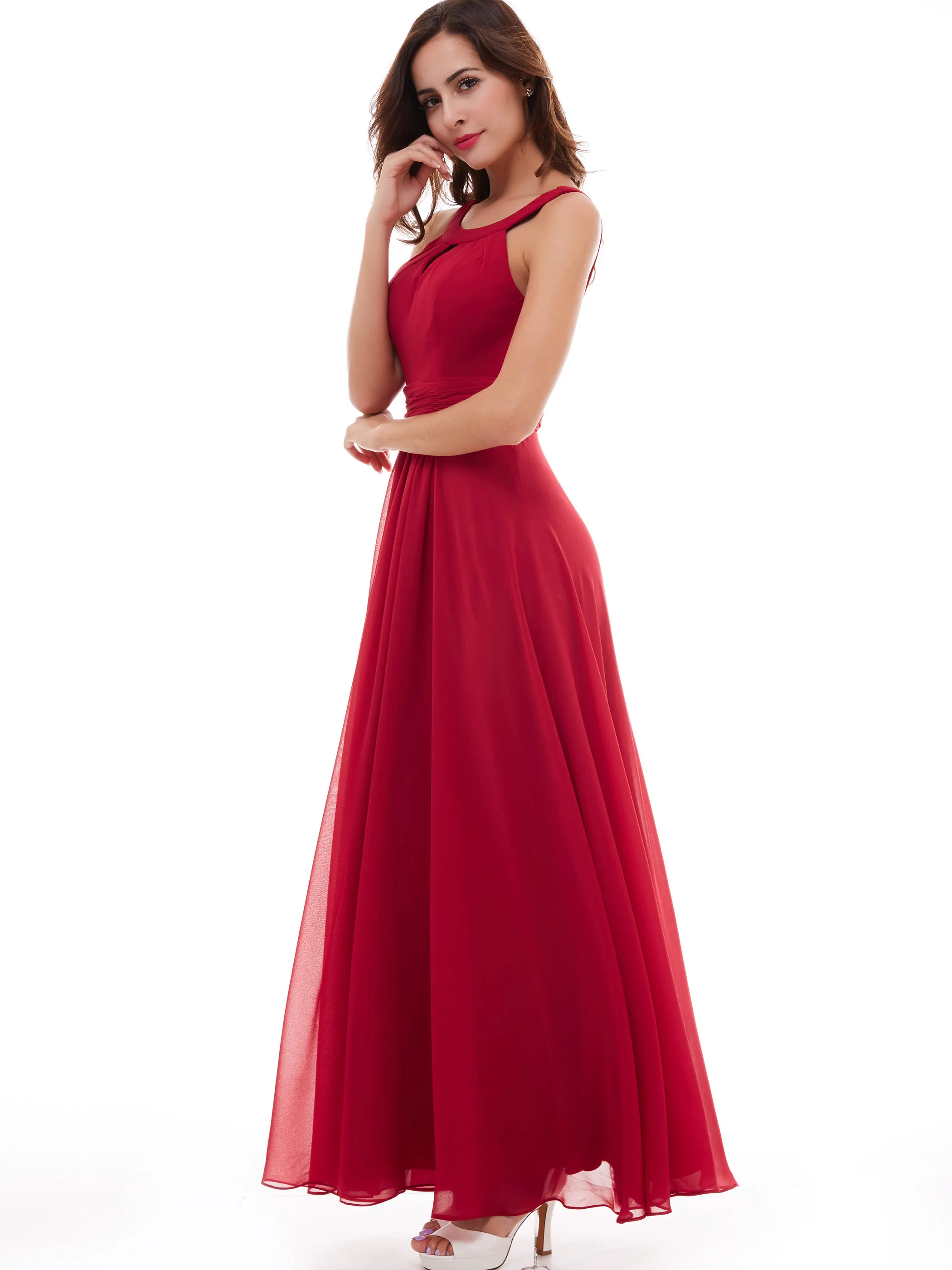 Dresssv вечернее платье, шифоновое красное платье без рукавов с рюшами, длина до пола,, розовые драпированные Вечерние платья на молнии, длинное вечернее платье