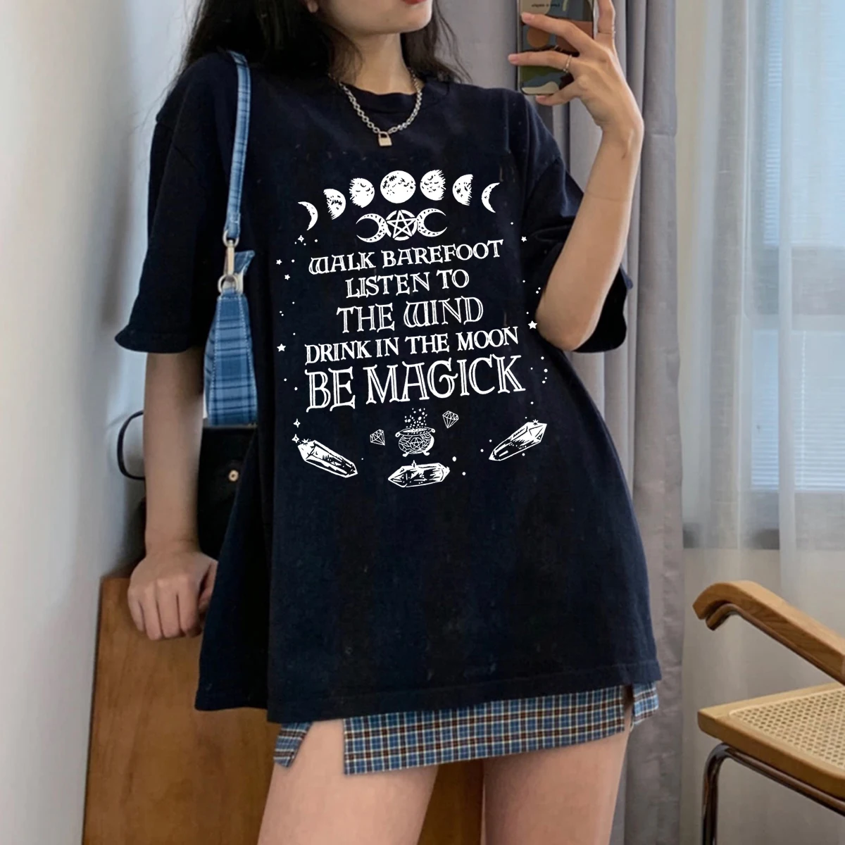 

Walk Barefoot,listen to the Mind, Drink in the Moon, Be Magick Moon Fashion T Shirt Diamond Galaxy Style Tops and Tees