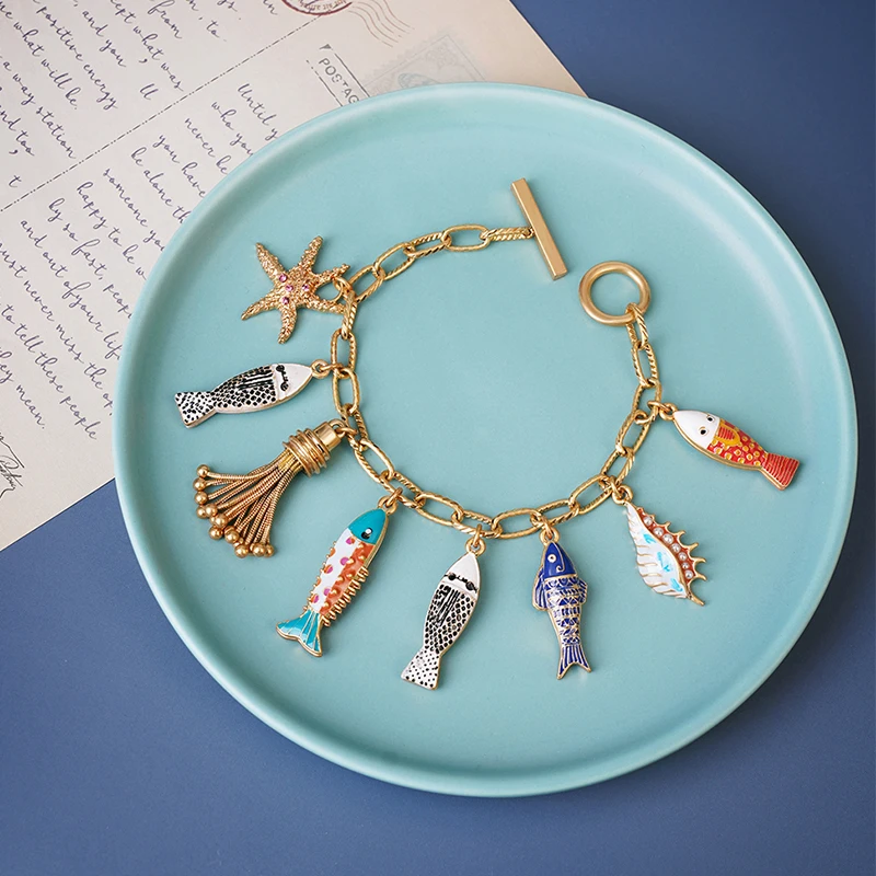 Bohemia Ocean Beauty Charms Bracelet Bangle Hand Enamel Fishes Conch Seastar Tassel Pendants Toggle Bracelet Pulseras - Image 6