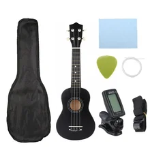 Combo ukulélé 21 ukulélé noir Soprano 4 cordes Uke Hawaii kit d'instruments de musique à cordes basse + accordeur + ficelle + sangle + sac