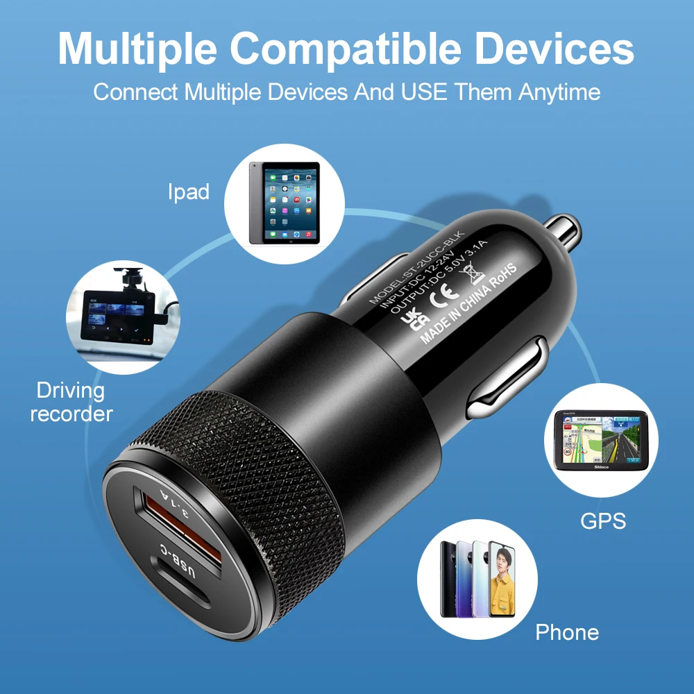 USB Quick Car Charger 12W 3.1A Type C PD Fast Charging Phone Car Adapter For iPhone 13 12 11 Pro Max Xiaomi Samsung Huawei Honor car port charger