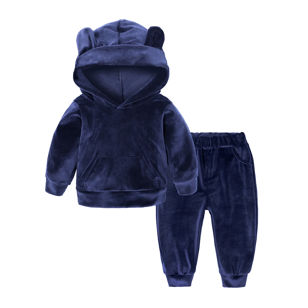 Новая зимняя одежда из 2 предметов для маленьких мальчиков и девочек, Бархатные Топы с капюшоном+ штаны, комплект теплой одежды