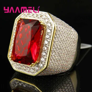 

Gold Color Full Crystal Micro Paved Rings for Men 925 Sterling Silver Hip Hop Bling Bling Princess Out Square Charm Cool Jewelry