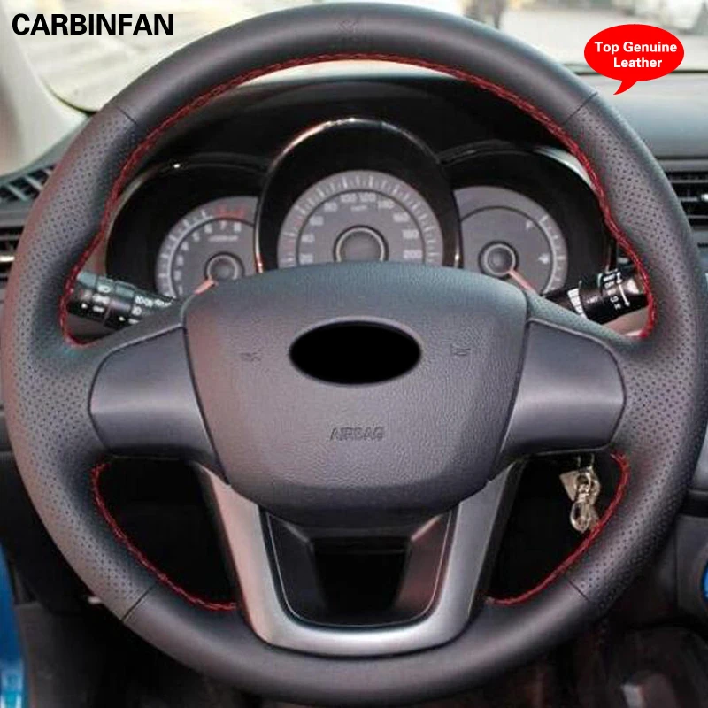 Black Top Layer Leather Handstitched Car Steering Wheel Cover For Kia K2 Kia Rio 2011 2012 2013
