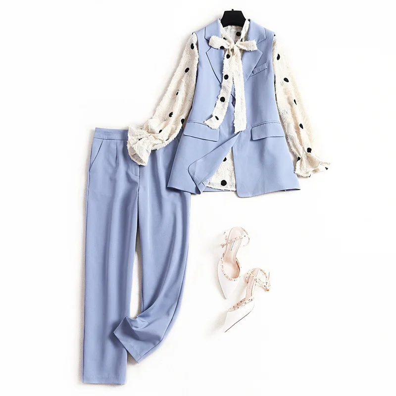 

2020 Spring 3 Piece Set Office Lady Single Breasted Polka Dot Blouse Women with Flare Sleeve +vest+pants Ankle-Length