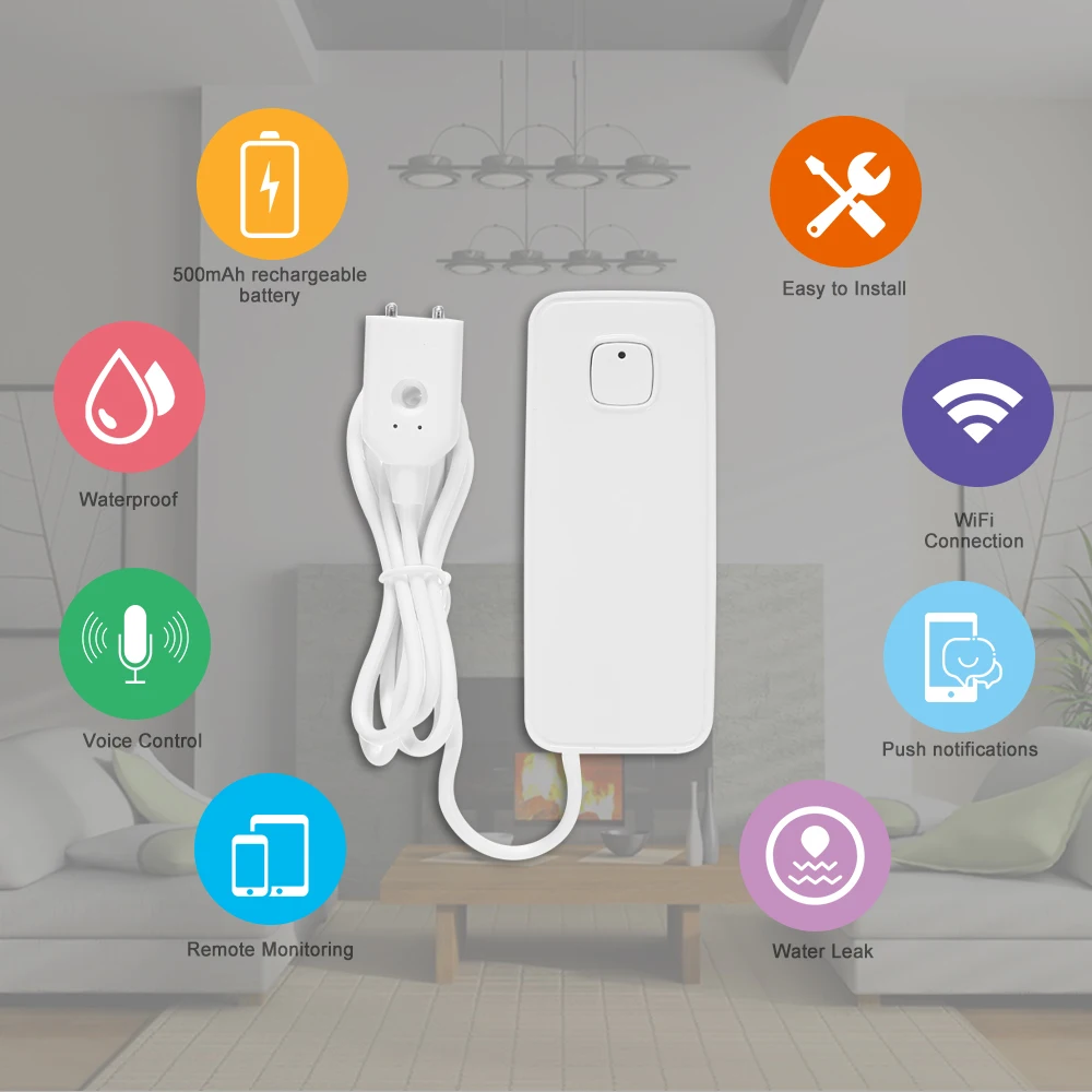 

Tuya Rechargeable WIFI Water Leak Sensor Detector Water Level Overflow Security alarm For Alexa Google Home Work With Gateway